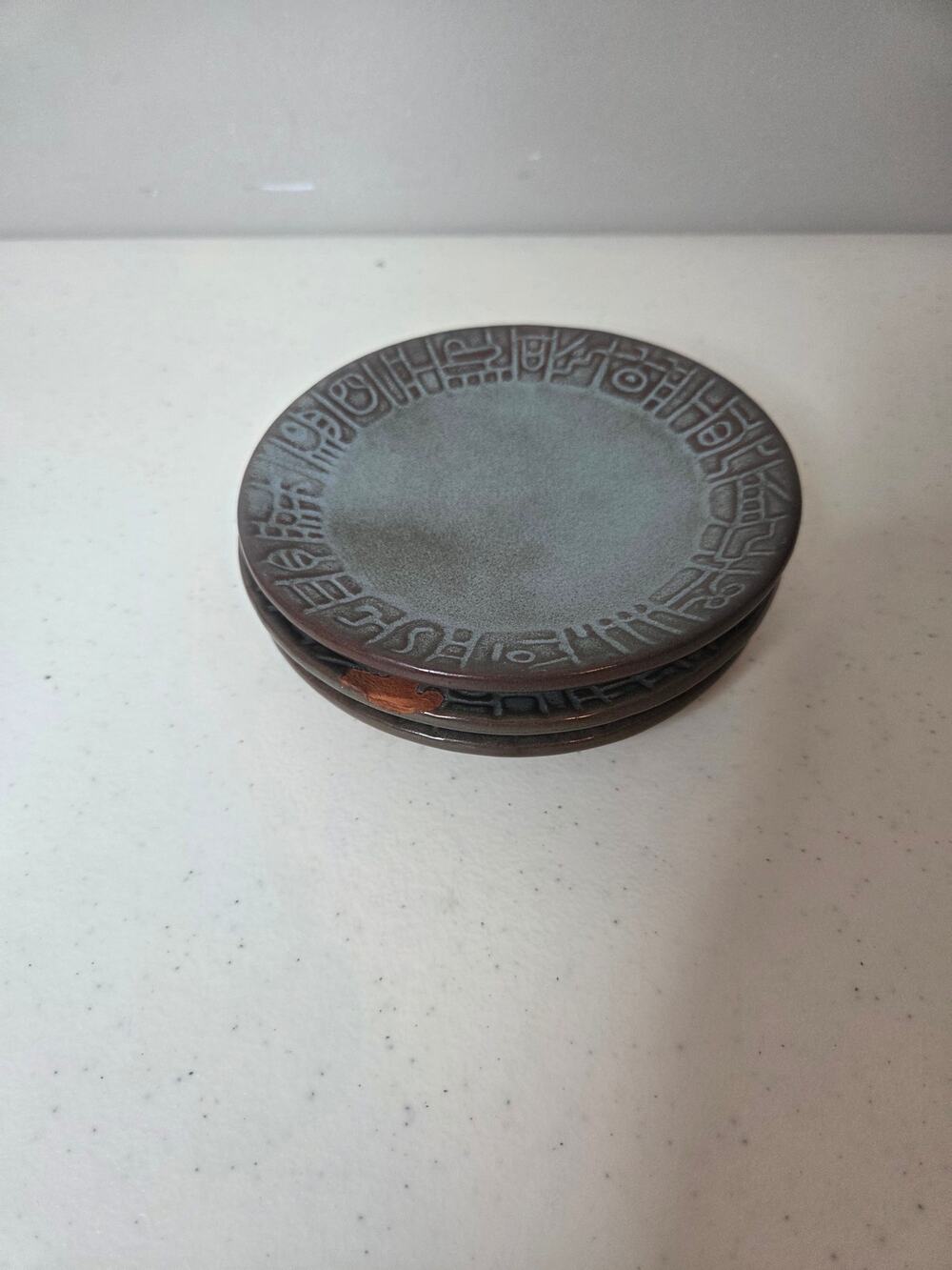 Frankoma Vintage Pottery Mayan Aztec Pattern PrairieGreen Saucer Plates Set of 3